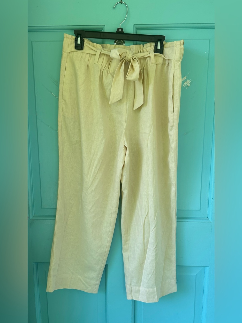 Anne Klein Beachy Vacation Cream Paperbag Waist Wide-Leg Linen Pants Size L